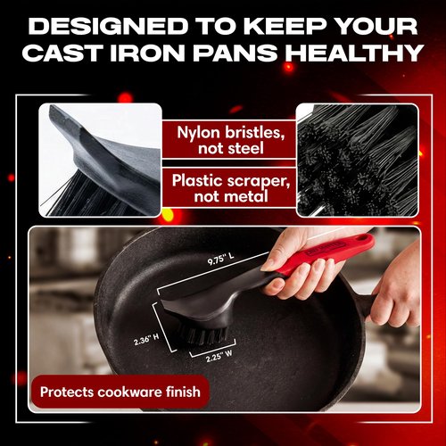 Cast Iron Scrub Brush with Heavy Duty Scraper - Nylon Bristles Dish Scrubber for Pans, Skillets and Woks – Kitchen Cleaner Removes Grime, Grease, Food Build Up - 90058 by Chef Master