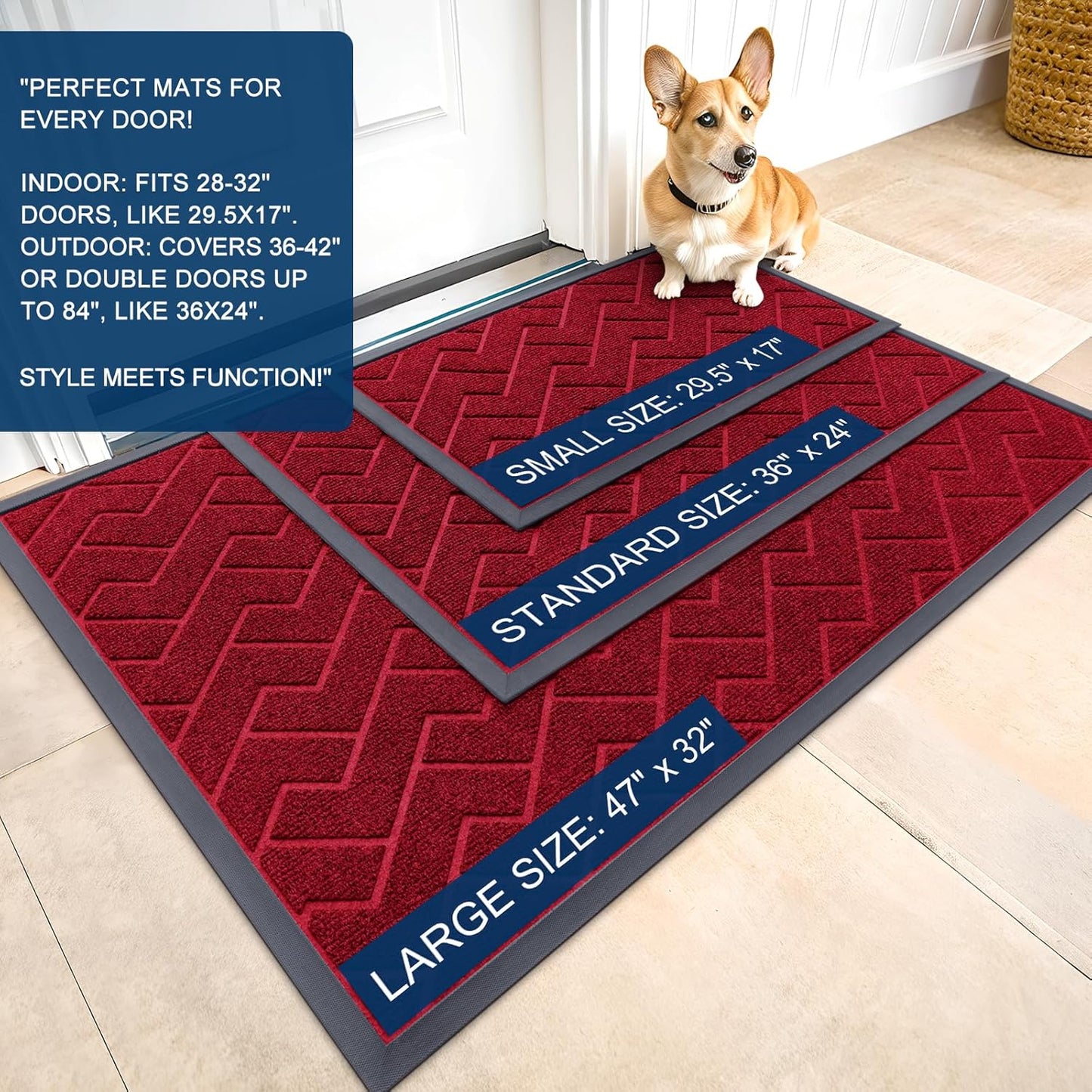 OLANLY Waterproof Front Door Mat - All-Season Herringbone Design, Easy Clean, Low Profile | Wine Red, 59x23