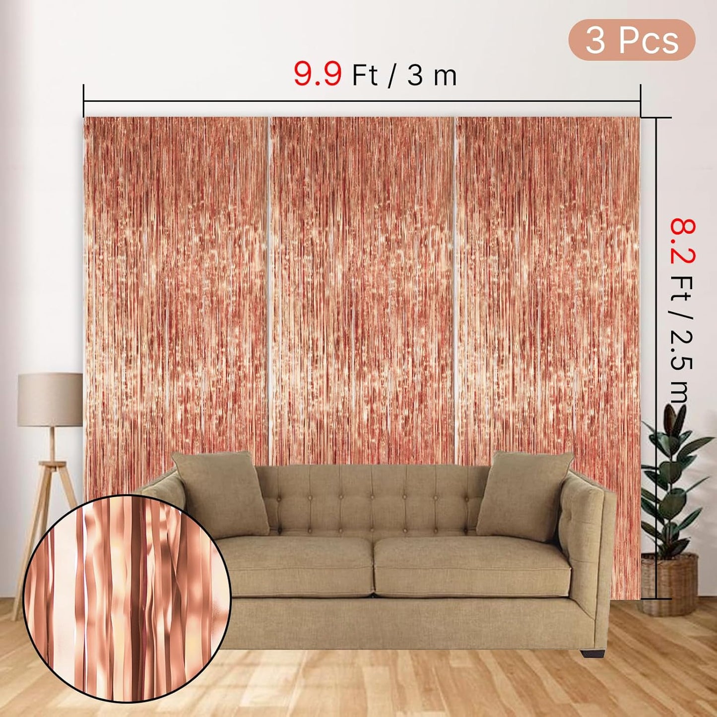 PartyWoo Rose Gold Curtains - 8.2ft Foil Fringe Backdrop for 21st Birthday & Bridal Showers