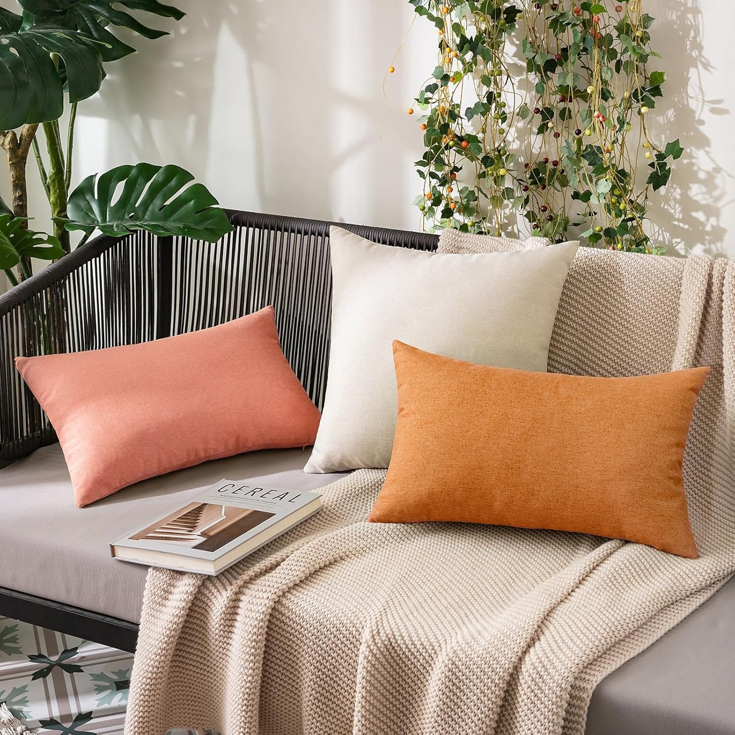 MIULEE Decorative Outdoor Throw Pillow Covers - Waterproof Faux Linen Cushion Cases | 18x18 Inch Blush Pink (Pack of 2)