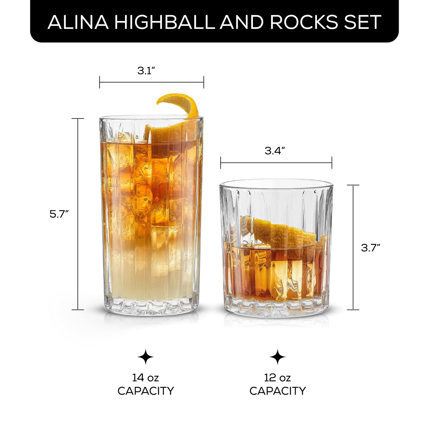JoyJolt Drinking Glasses Set of 8, Alina Ribbed Glassware. 12oz Rocks Glass and 14oz Highball Glass set. Cocktail Glasses, Iced Coffee Cup or Water cups. Heavy Base Glassware Set