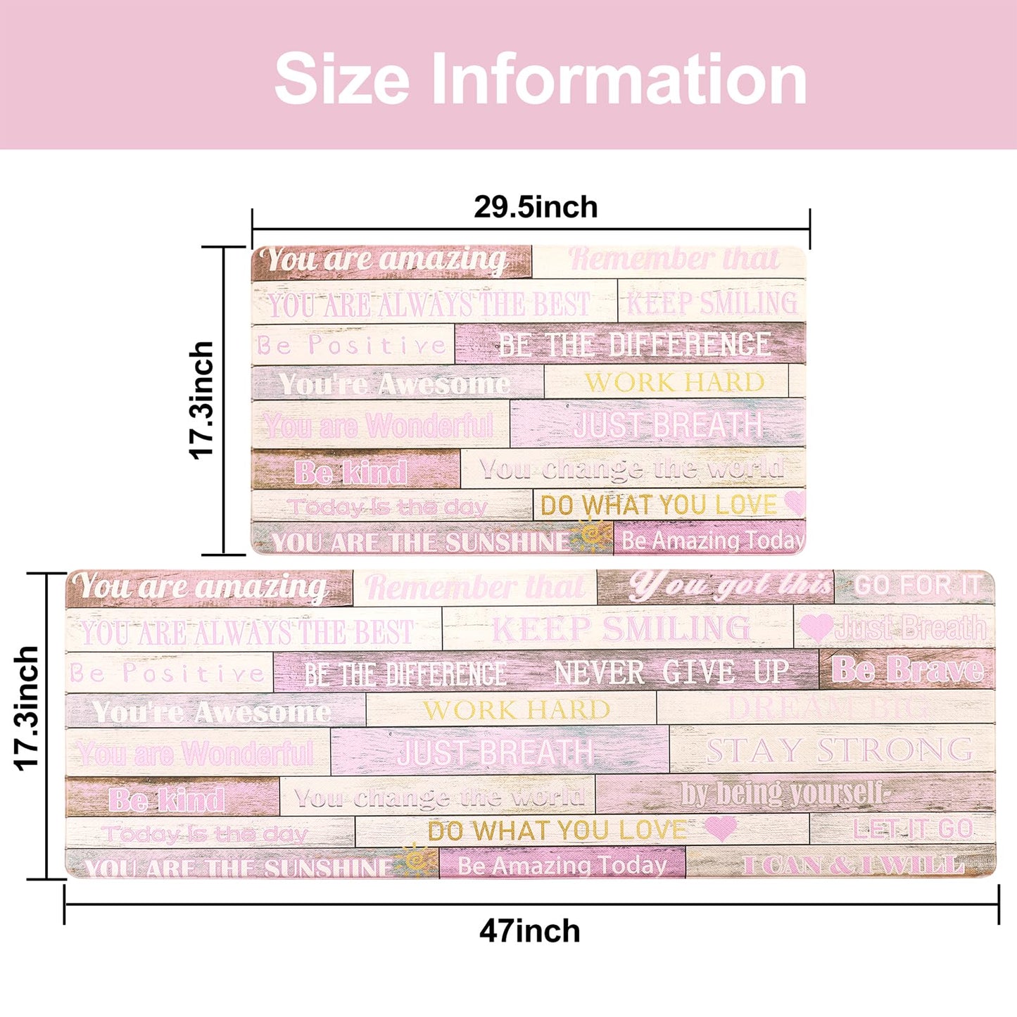 PCSWEET HOME Inspirational Positive Quotes Kitchen Mats for Floor Pink Anti Fatigue Mats for Kitchen Floor Cushioned Waterproof Pink Kitchen Decor Set