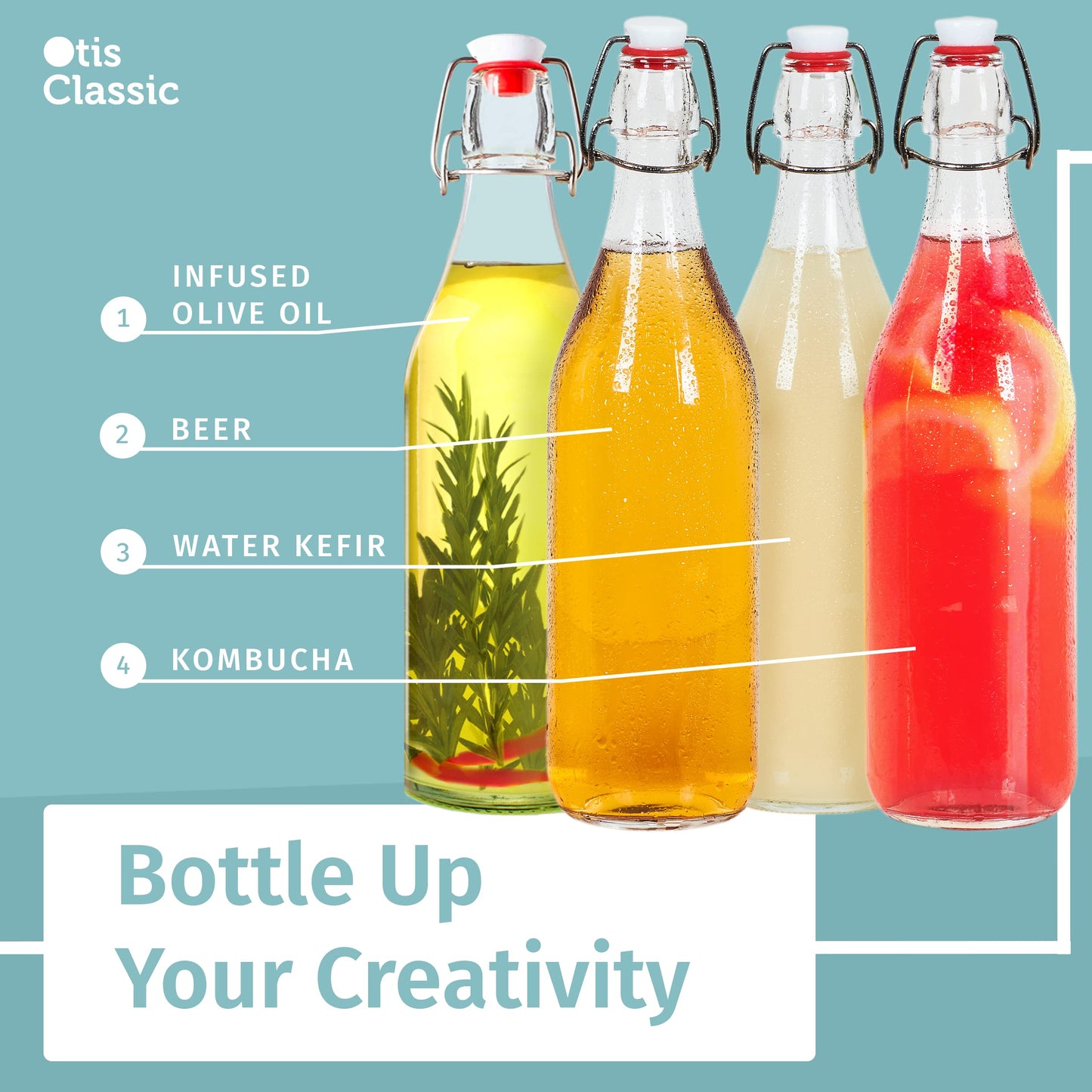 Otis Swing Top Glass Bottles with Ceramic Caps - 1 Liter, 4 Pack - Clear Glass Bottle for Kombucha Fermenting, Beer Brewing, Juicing, Wine, Milk or Eggnog
