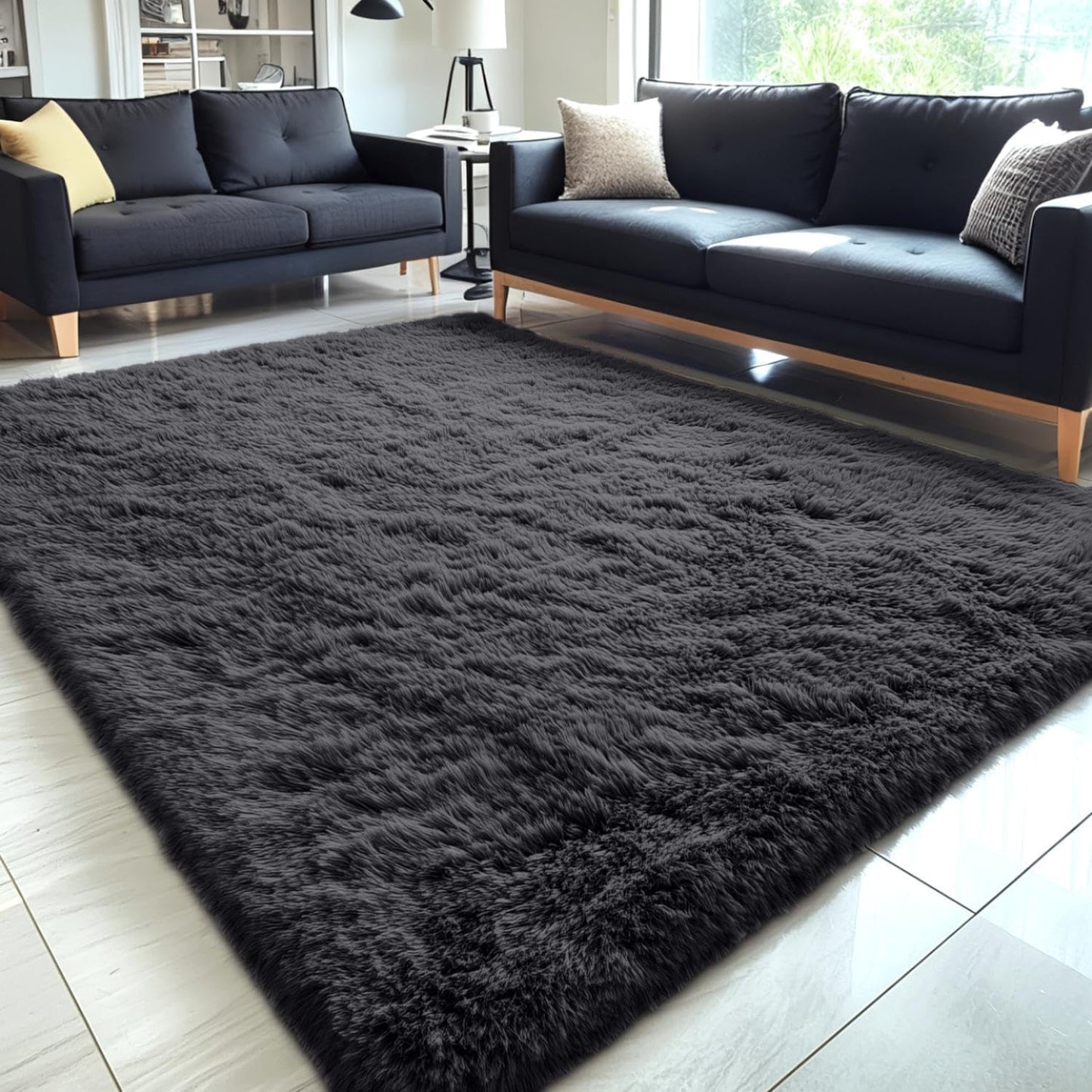 OLANLY Large Area Rug - Soft Fluffy Shaggy Carpet for Living Room & Bedroom | 5x12 ft, Black