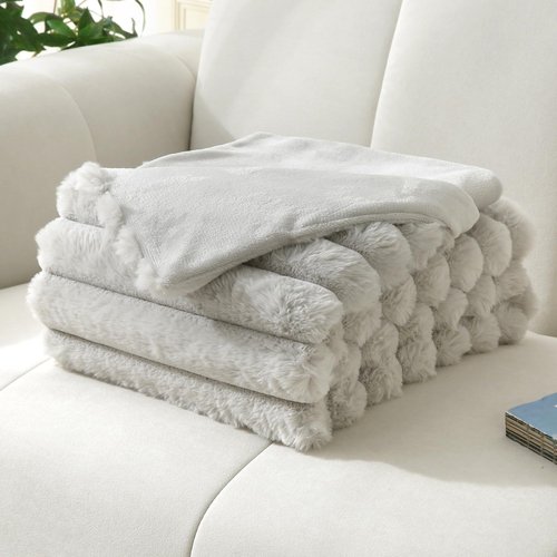 DaysU Cozy Faux Fur Throw Blanket 50x60 Inches Light Gray Ultra Plush Striped for Couch Bedroom Living Room, Fluffy Warm Home Decor Essential