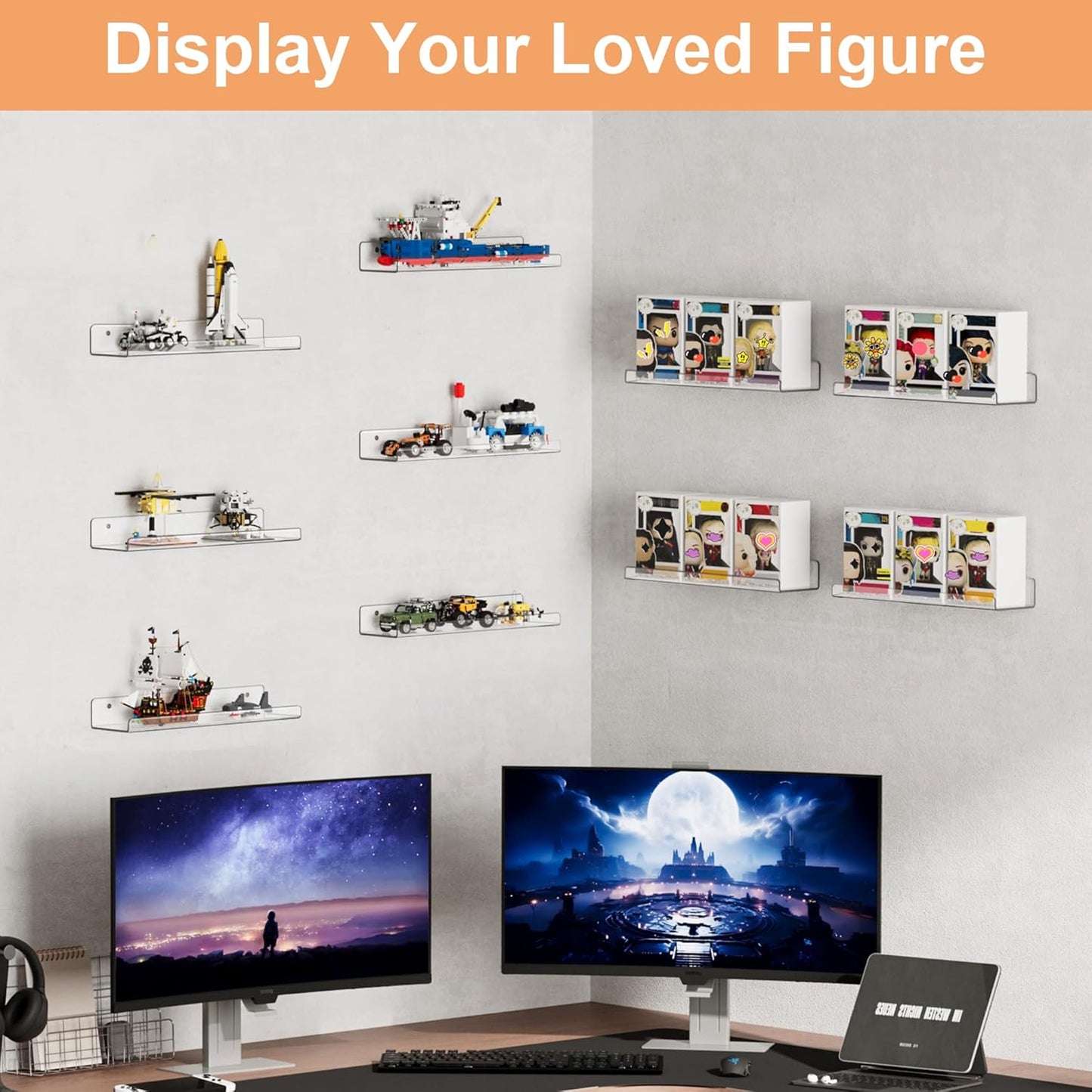 Upsimples 14-Pack Acrylic Wall Shelves - Clear Display Shelves for Toys, Perfume & Kids' Books
