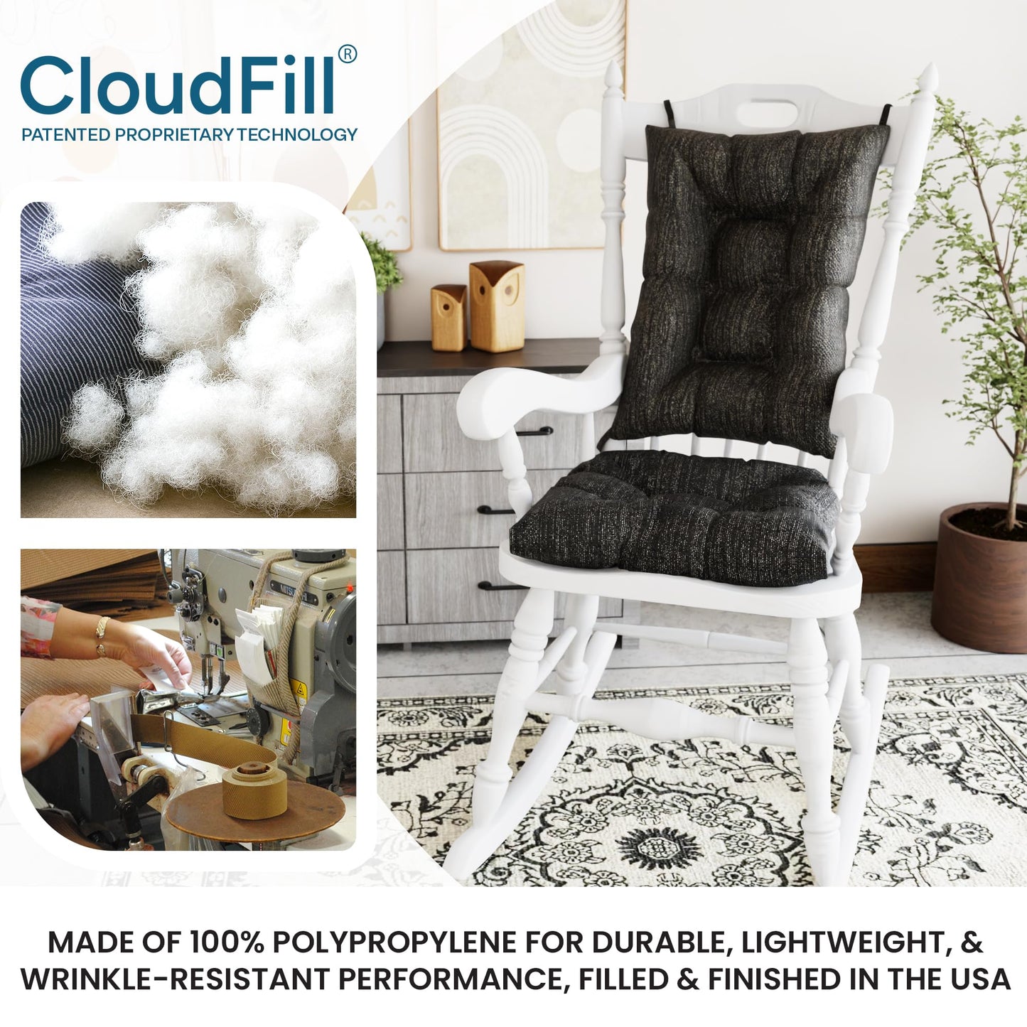 Klear Vu The Gripper Non-Slip Rocking Chair Cushion Set with Thick Padding, Includes Seat Pad & Back Pillow with Ties for Indoor Living Room Rocker, 17x17 Inches, 2 Piece Set, Black