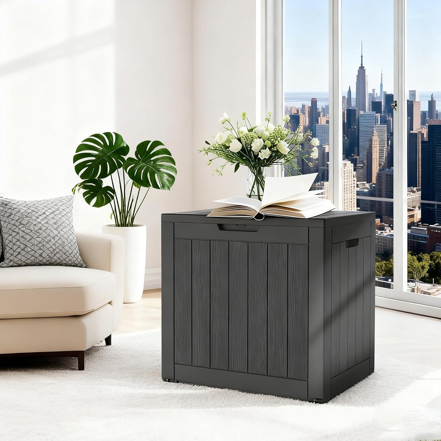 Mars Villa 31 Gallon Deck Box - Waterproof Resin Storage Bin with Lockable Lid for Outdoor Use | Black