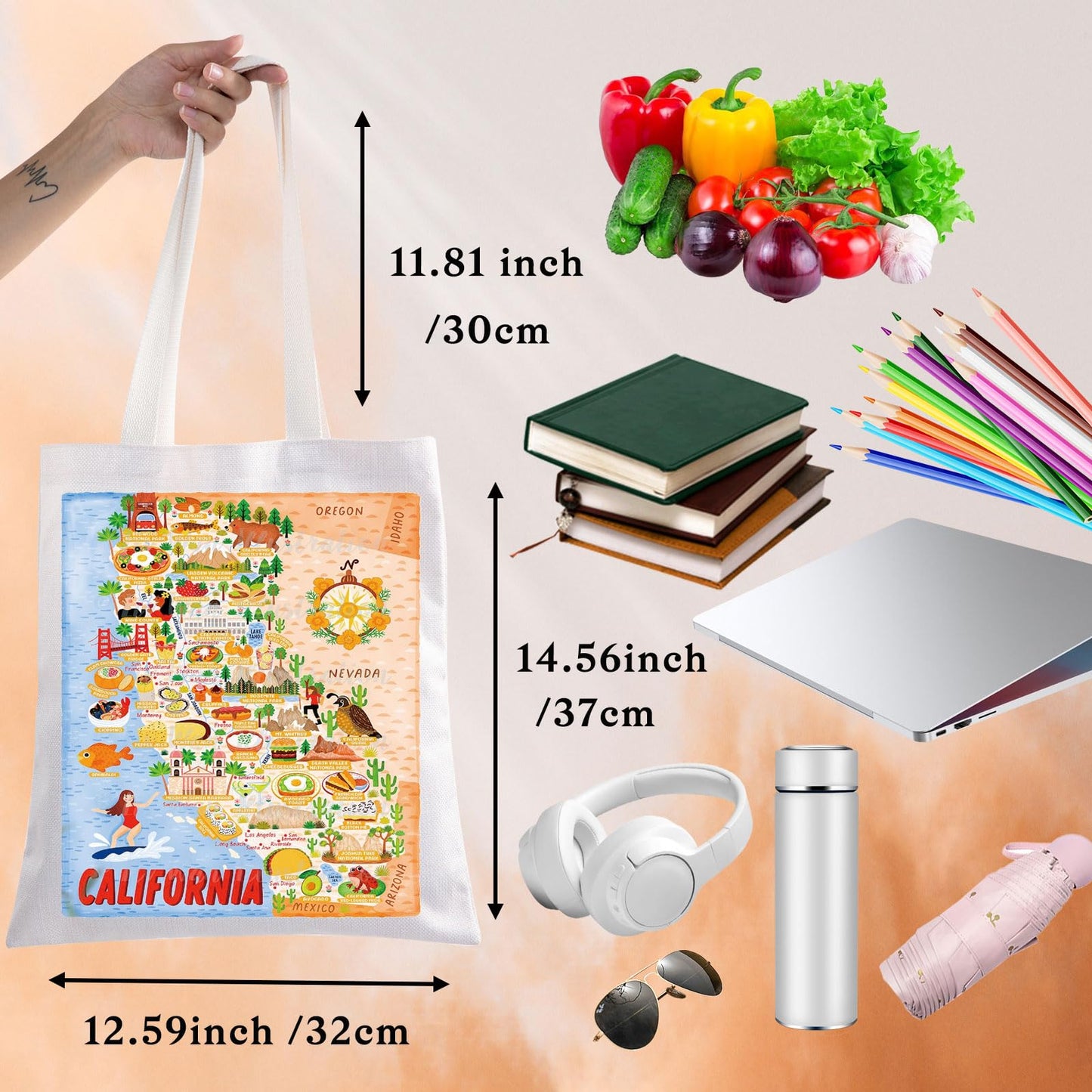 BWWKTOP California Travel Tote Bag - Reusable Grocery Bag - California Souvenirs Gift - 14.56" x 12.59" - Female Adults - California Surf