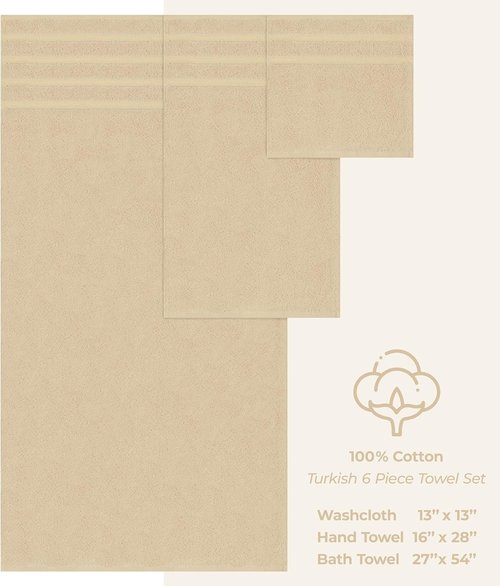 American Soft Linen Luxury Towel Set - 6-Piece 100% Cotton Turkish Towels | 600 GSM, Beige