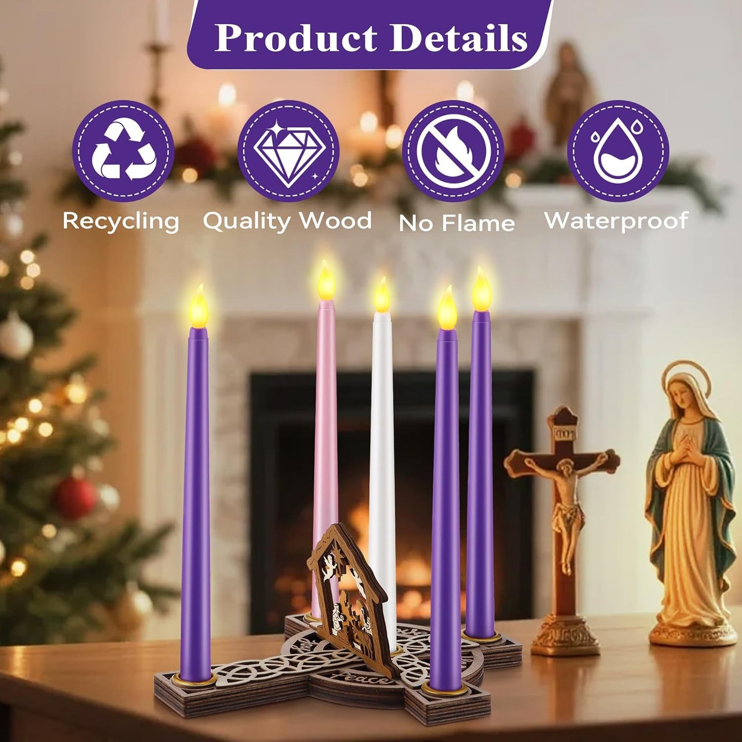 Skiennix Christmas Advent Wreath Candle Holder - 5 Pcs Flameless Candles & Wood Cross Nativity Scene Decor