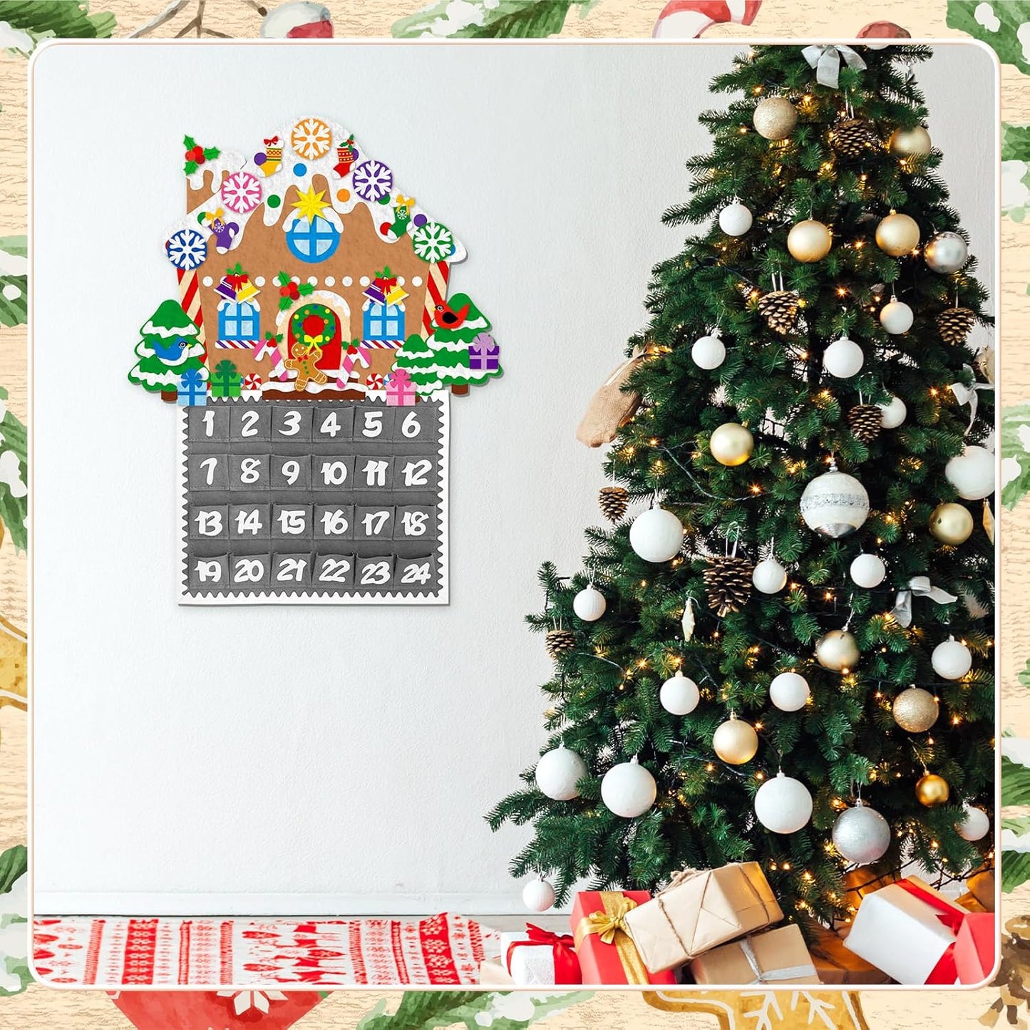 Watersay Christmas Gingerbread House Advent Calendar - 2ft Felt Ornaments with 24 Pockets for Kids