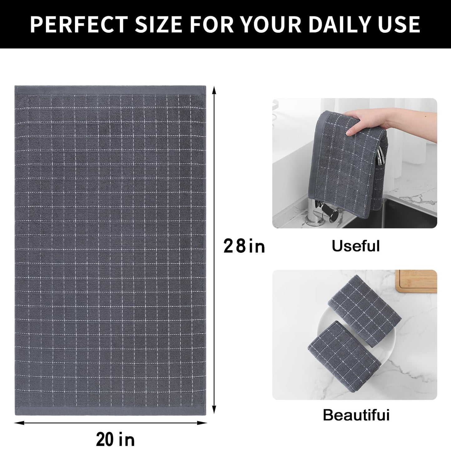 Homaxy 100% Cotton Terry Kitchen Towels(Dark Grey, 20 x 28 inches), Checkered Designed, Soft and Super Absorbent Dish Towels, Large 4 Pack