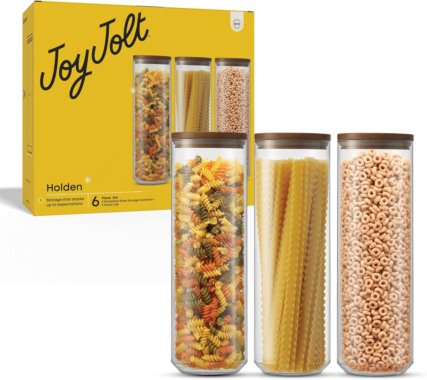 JoyJolt Holden 72oz Glass Storage Containers - Airtight Canister Set of 3 with Acacia Wood Lids for Pantry Organization