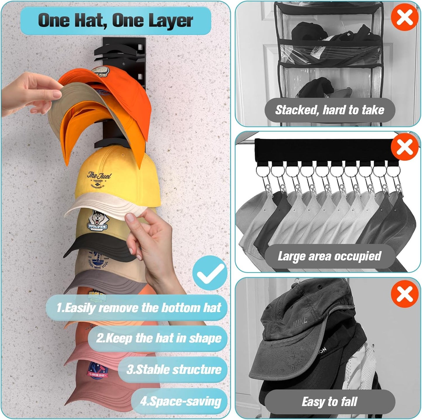 Skiennix Hat Organizer - Wall-Mounted Rack for 20 Baseball Caps | Strong Adhesive & Multi-Layer Design (Black)