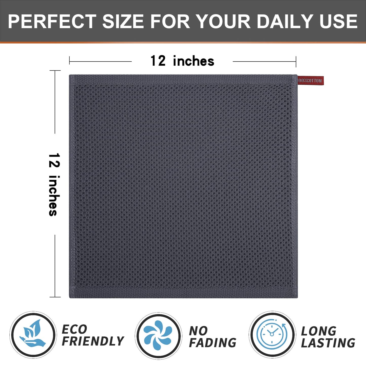 Kitinjoy 100% Cotton Kitchen Dish Cloths (12 X 12 Inches, Dark Grey), 6 Pack Waffle Weave Ultra Soft Absorbent Dish Towels for Drying Dishes Quick Drying Kitchen Towels Dish Rags