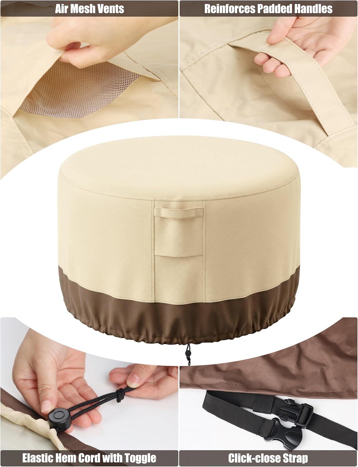 Vailge Round Fire Pit Cover - 100% Waterproof Heavy-Duty Protection | Outdoor with Air Vent & Handle