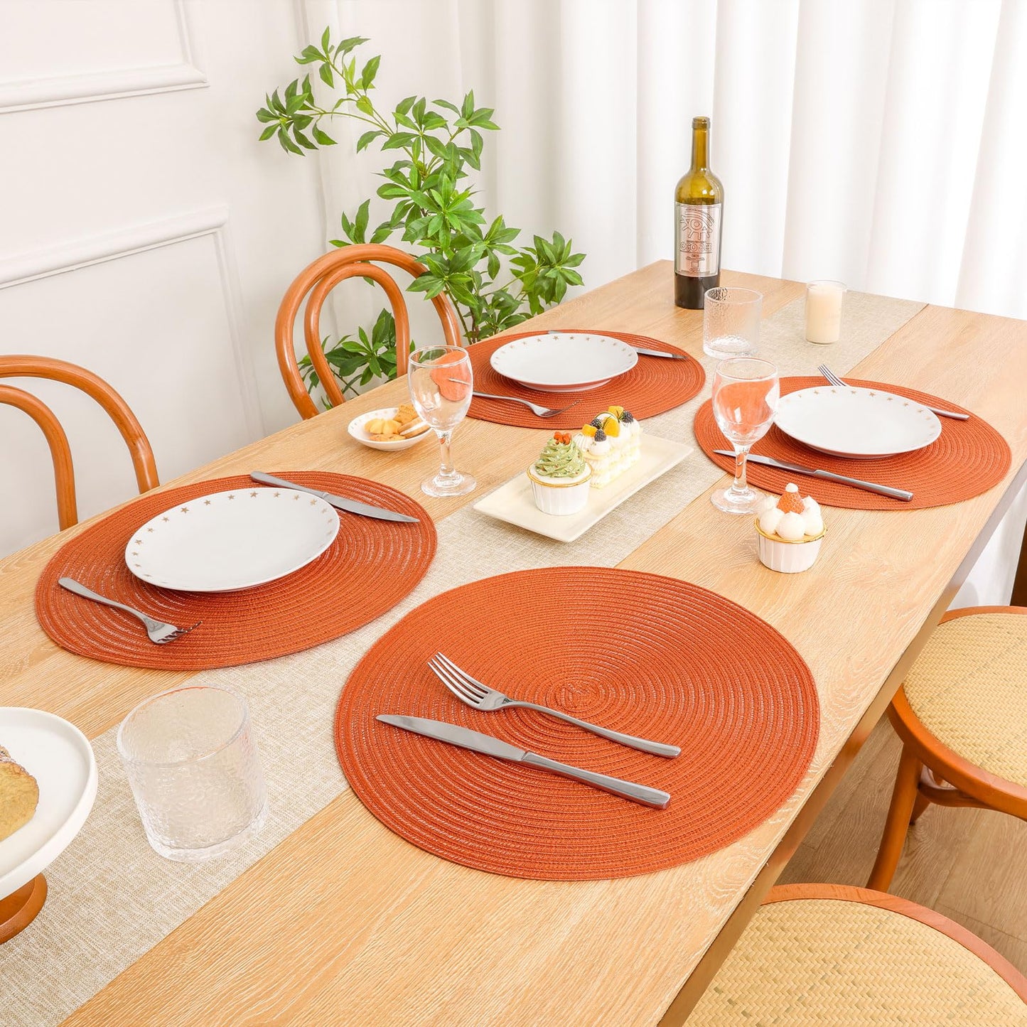 SHACOS Round Placemats Set of 4 for Dining Table Autumn Fall Round Braided Place Mats Washable Non Slip Kitchen Table Mats Decor, Bright Orange
