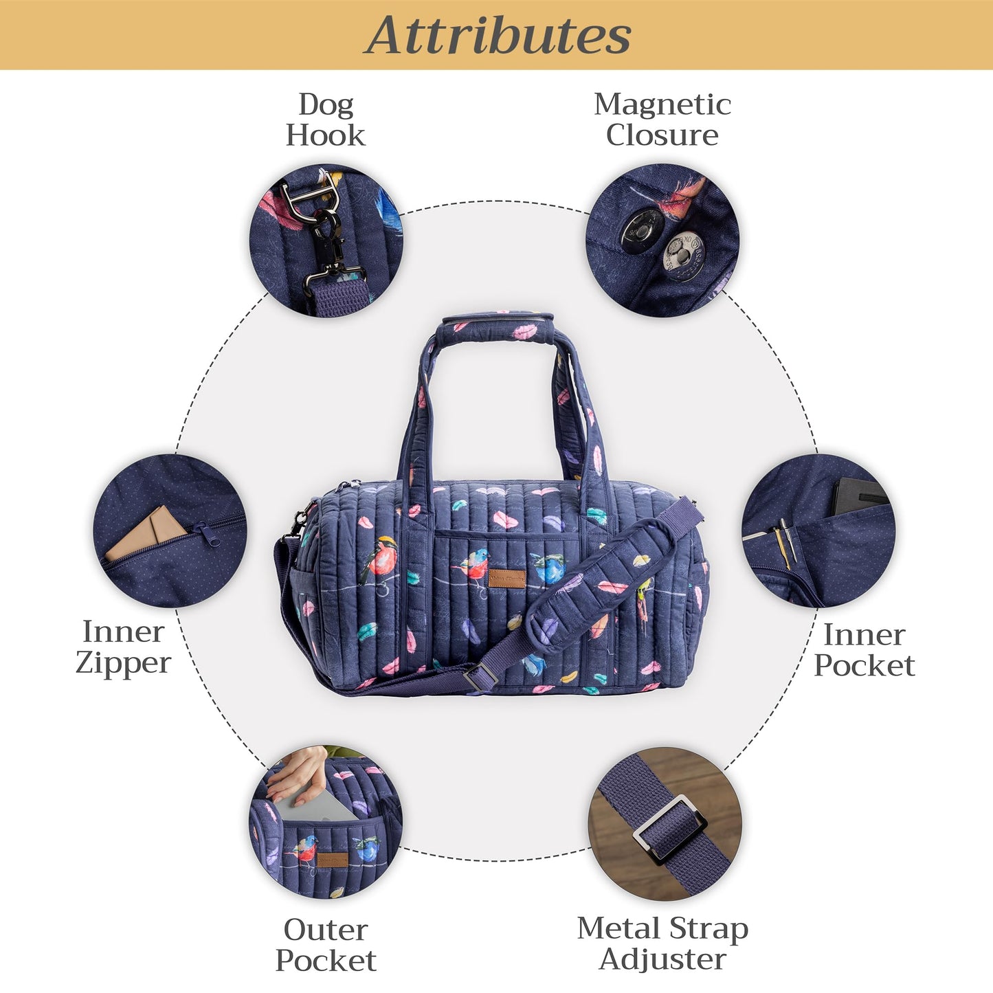 Maison d' Hermine Weekend Duffel Bags for Women Cotton Quilted Overnight Luggage Weekend Bag for Men Gym Sports Gifts Travel Business Travellers Trip Mothers Day Gifts -Birdies on Wire - Navy