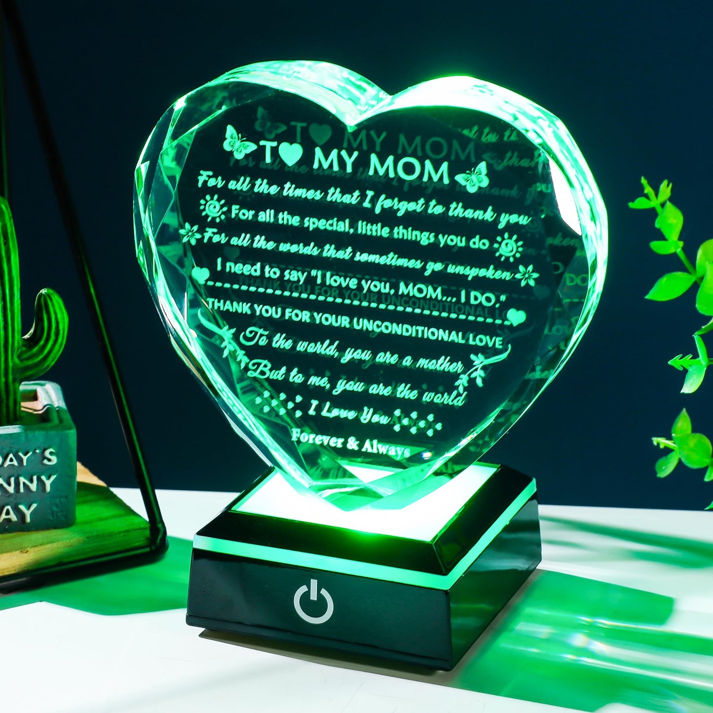 YWHL Gifts for Mom from Daughter Son, Birthday Gifts for Mom Who has Everything, To My Mom Gifts for Mother's Day Crystal Heart Keepsake with LED Base, Present for Mother on Christmas Valentine's Day