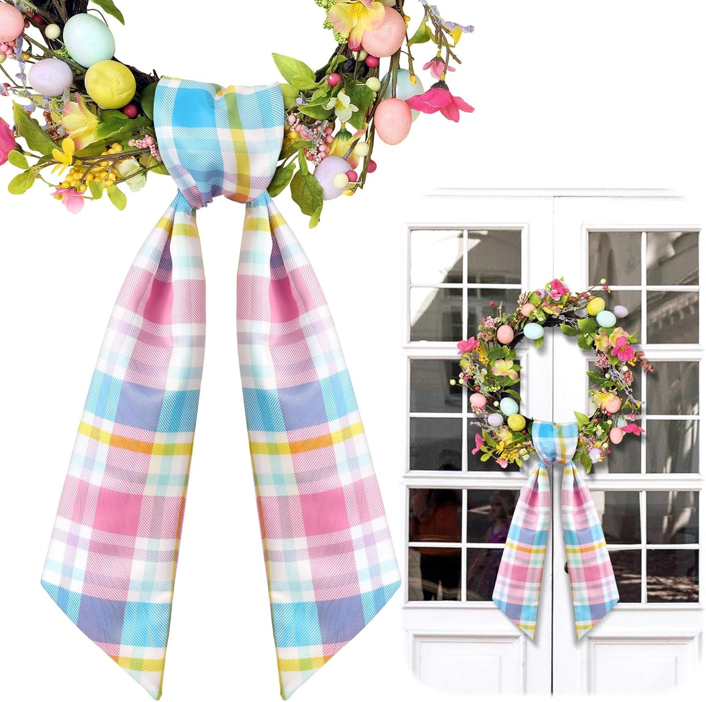 VitalCozy Easter Plaid Wreath Sash - Satin Ribbon for Monogrammed Decor | Indoor/Outdoor Use