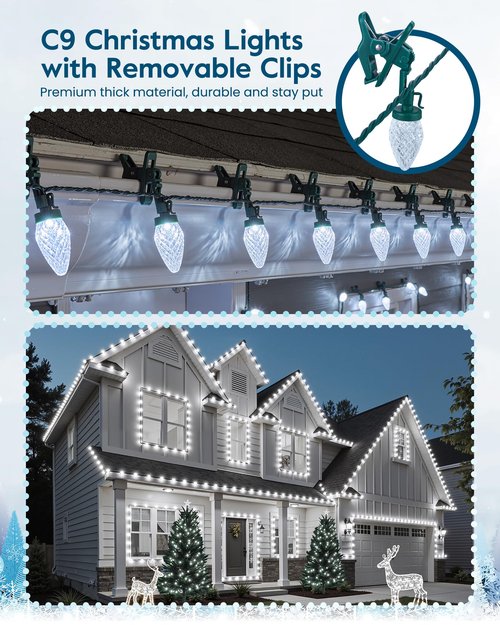 C9 Christmas Lights Outdoor with 100 Spring Clips 65FT 100 LED, C9 String Lights Waterproof Connectable Commercial Grade for Outside House Roof Patio Garden Yard Outdoor Christmas Decorations, White