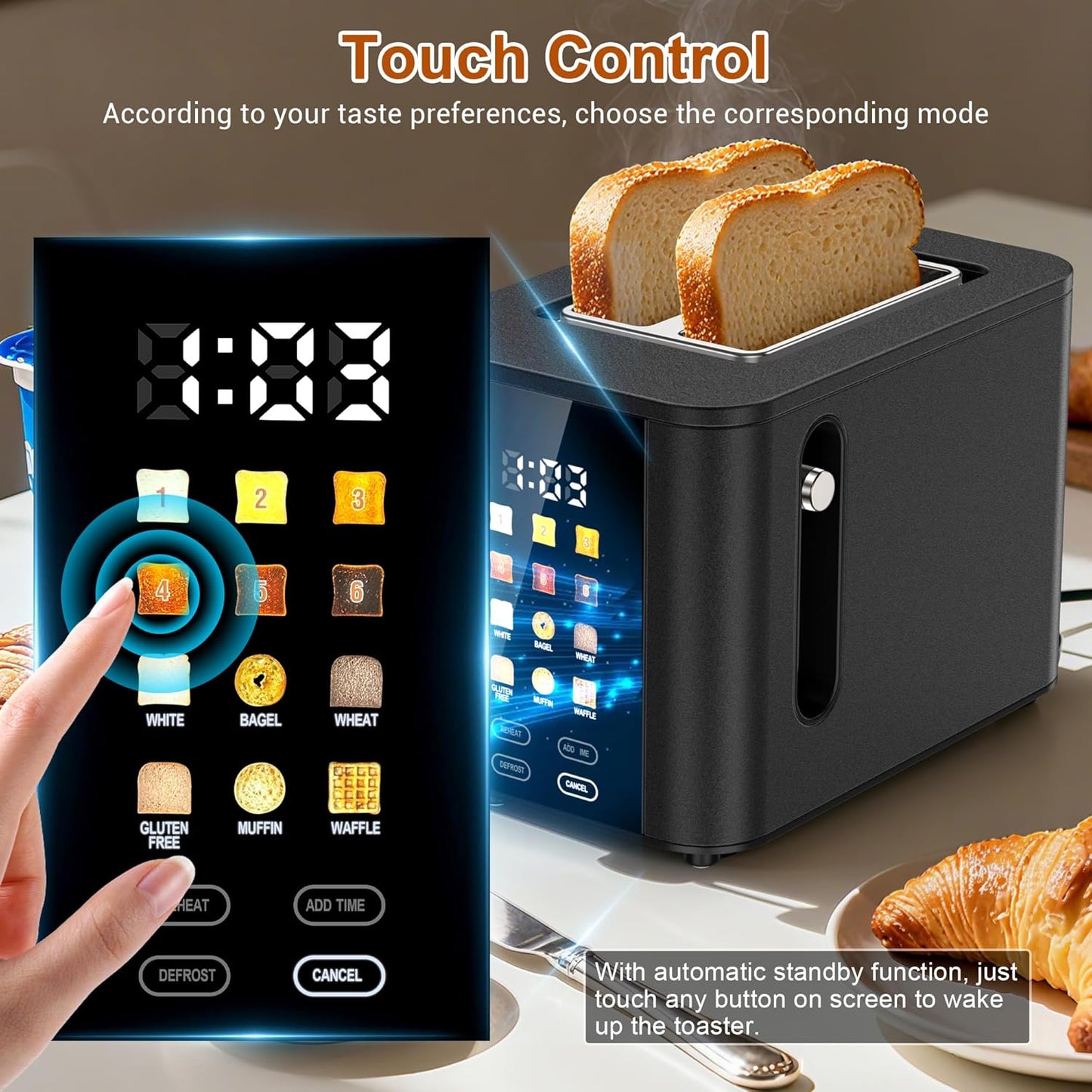 Skiennix Touch Screen Toaster - 2 Slice Black Toaster with LCD Display & 6 Shade Settings