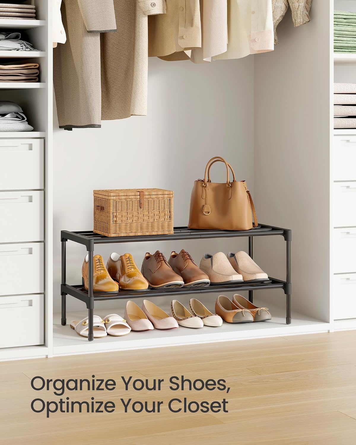 SONGMICS 2-Tier Shoe Rack - Compact Metal Shoe Organizer for Small Spaces | Stackable, Black, 11.8 x 24.5 x 12.2 Inches