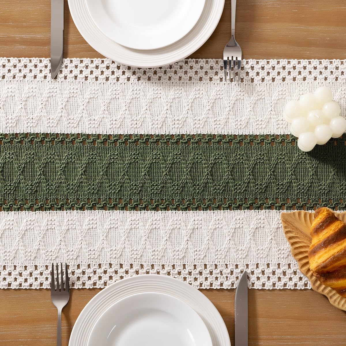 Socomi Boho Table Runner Summer Farmhouse Rustic Dining Kitchen Centerpiece Decor Small Macrame Woven Cotton Linen Coffee Table Runner for Dresser Scarf Home Decor 12x90 inch Olive Green