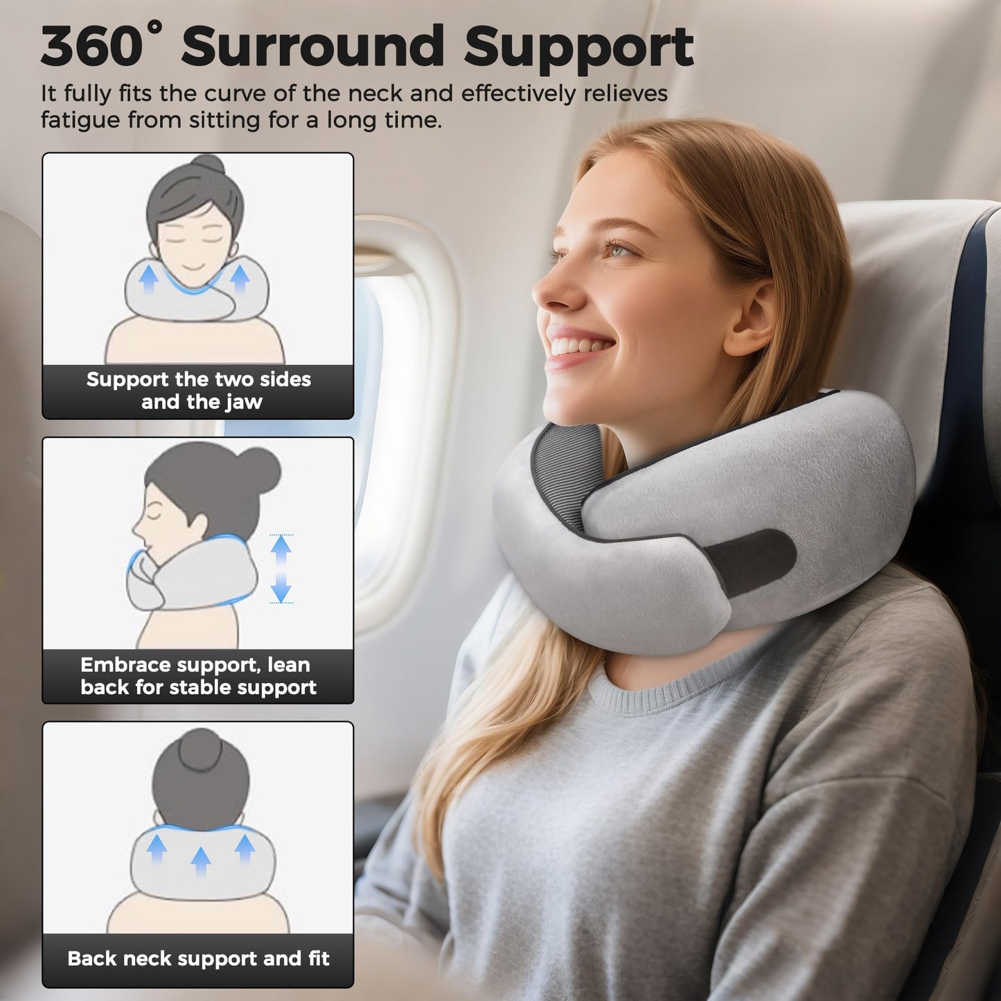 HiztoBlo Neck Pillow for Traveling, Travel Pillows for Airplanes 2025 New 100% Pure Memory Foam, Neck Pillow Airplane with 360º Ergonomic Design, Travel Neck Pillows for Airplanes, Office and Car