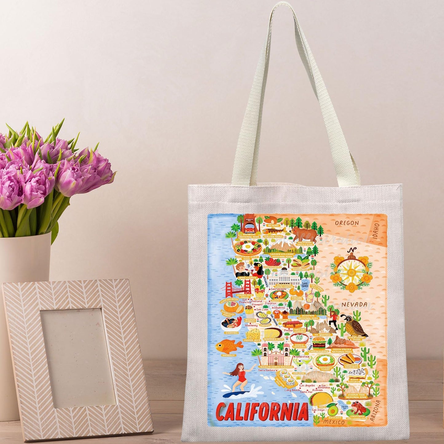 BWWKTOP California Travel Tote Bag - Reusable Grocery Bag - California Souvenirs Gift - 14.56" x 12.59" - Female Adults - California Surf
