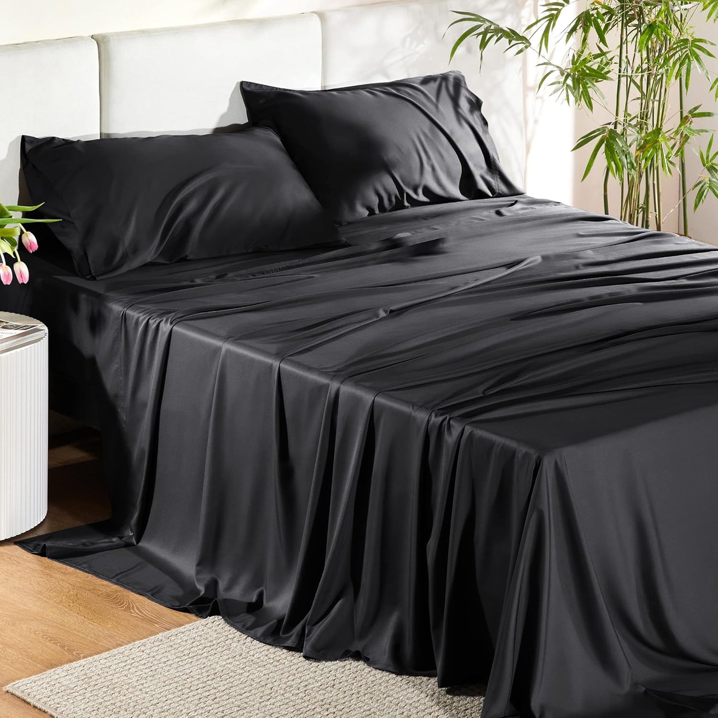 PureWoven King Size Sheet Set - Cooling Bamboo Sheets, Deep Pocket Up to 16", Soft & Breathable Luxury Bedding in Black