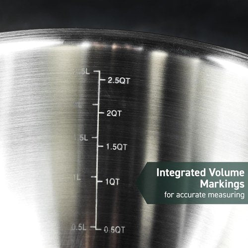HexClad Stainless Steel Mixing Bowl Set - 3-Piece with Vacuum Seal Lids & Non-Slip Base | 1.3, 3 & 5 Quarts