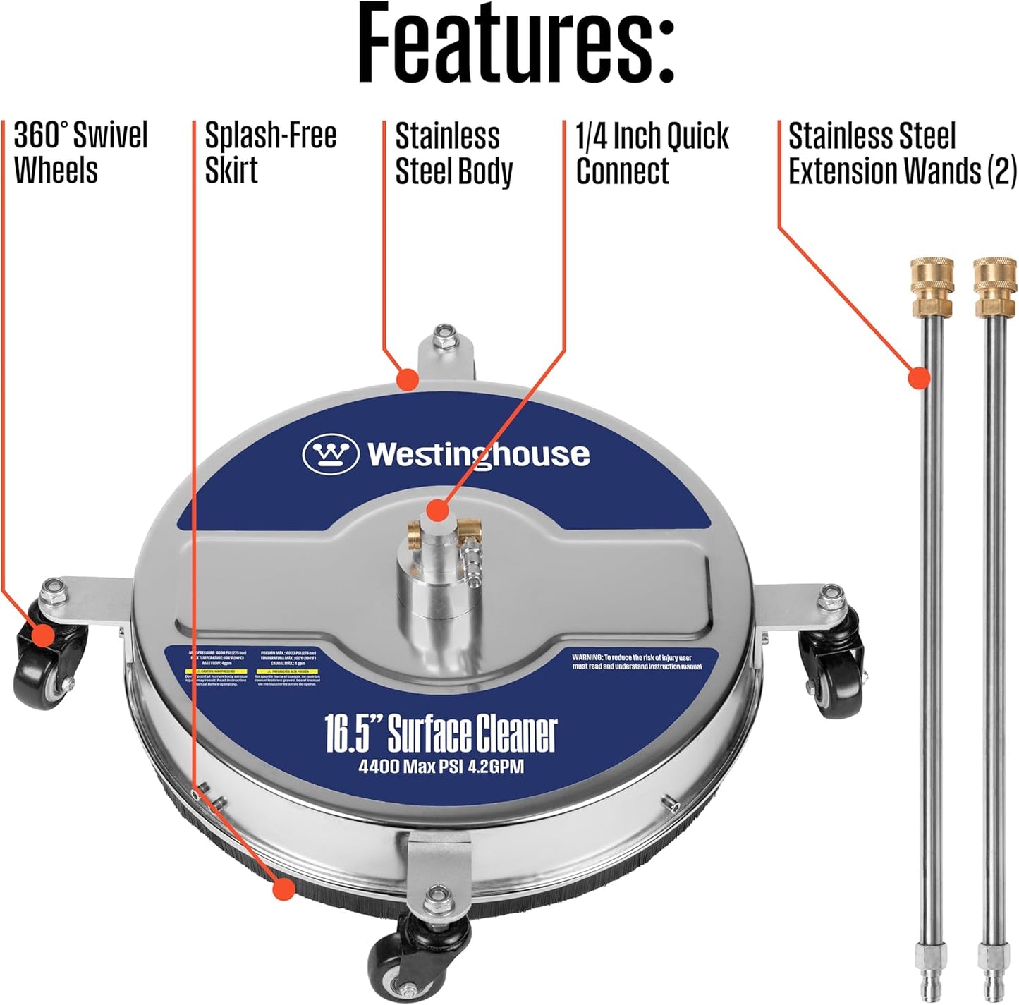 Westinghouse 16.5” Pressure Washer Surface Cleaner - Stainless Steel, 4400 Max PSI | Fits Gas & Electric Washers