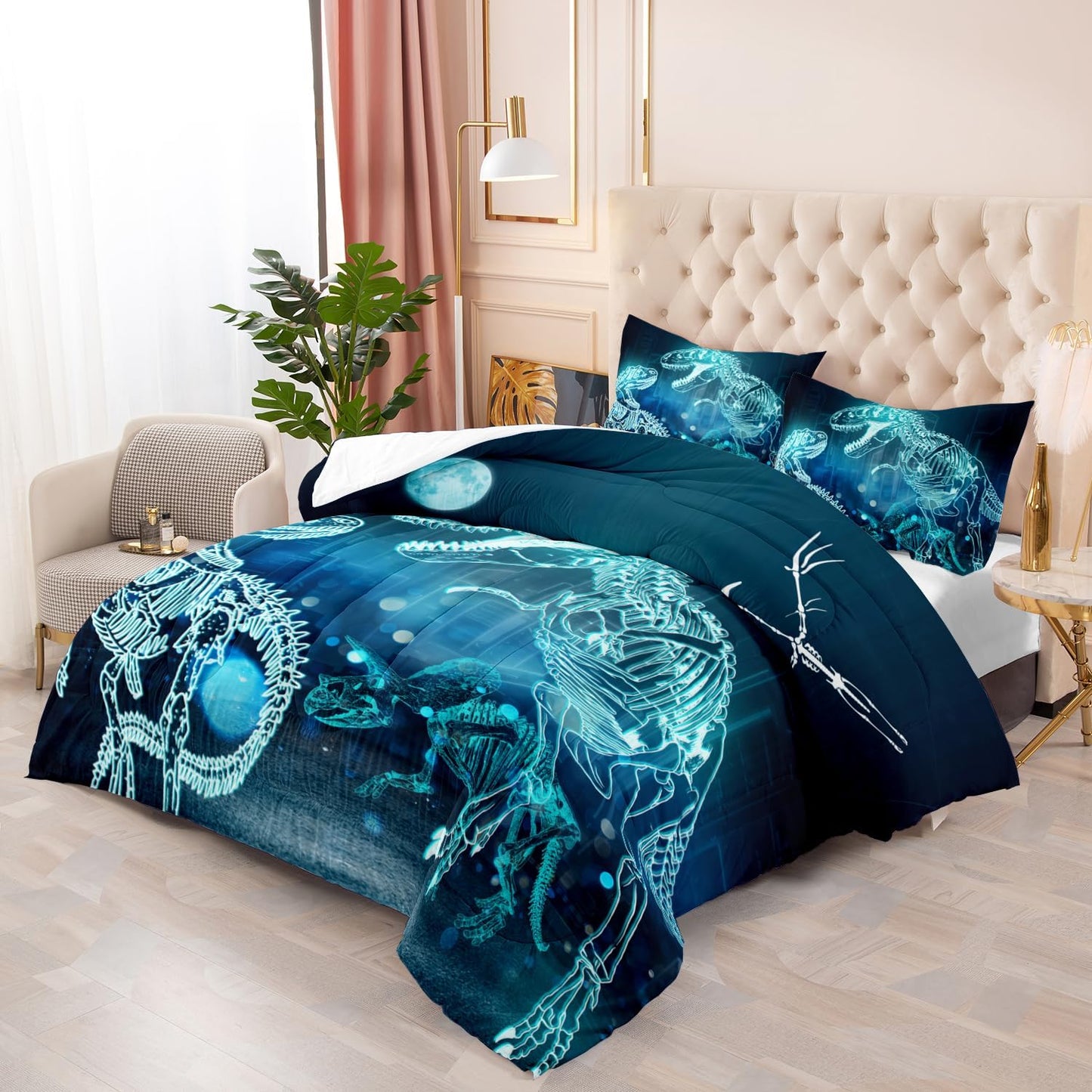 Dinosaur Comforter Set for Teens Boys Girls,Dino Eyes 3 Pieces Bedding Set Queen,Dark Blue Lightweight Down Alternative Bedding Sets for All Season