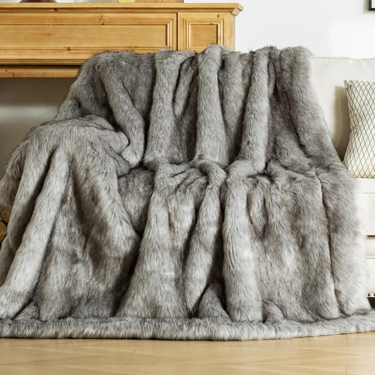 OMERAI Faux Fur Blanket, Ultra Soft Luxury Fuzzy Throw Blanket, Long Pile Plush Cozy Warm Decorative Blanket for Couch, Sofa, Chair, Bed, Heavy Weight, 50" x 60", Gray