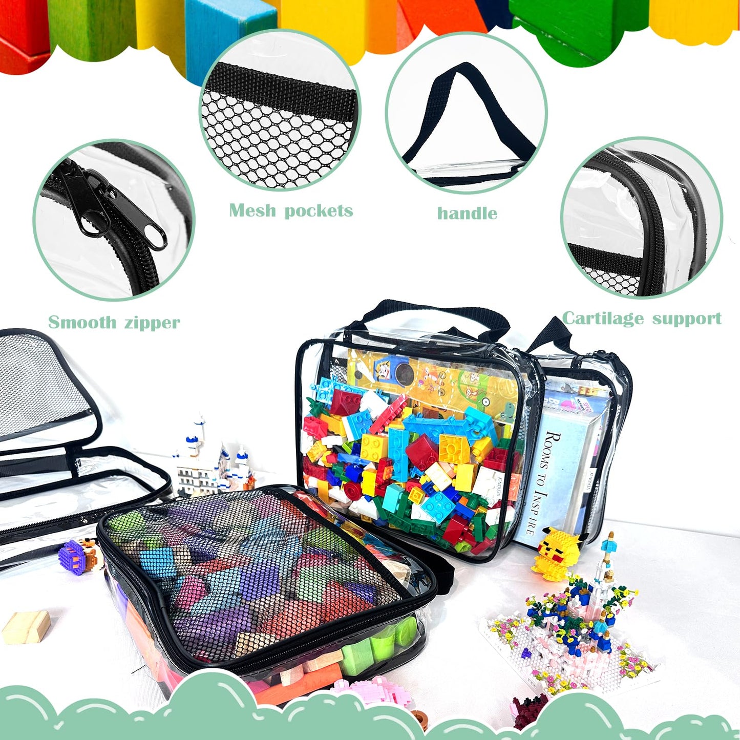 4 Pack PVC Toy Zippered Blocks, 11.8"X3" X9" Travel Storage Case Bags for Organizing, Waterproof Toy Storage Bags with Mesh Pockets for Building Blocks, Puzzles, Clays,Toy Cars