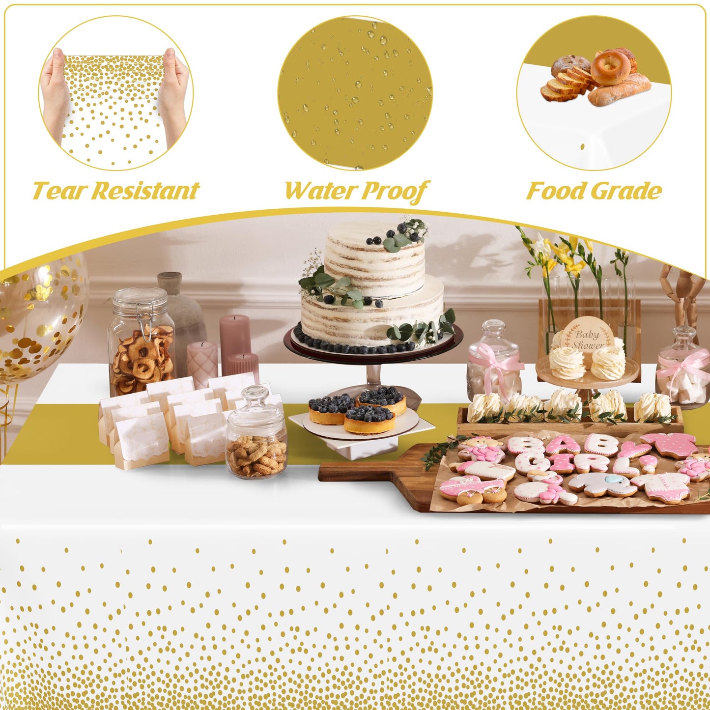 QZYL 12Pack Table Cloth Rectangle Tables, 54" x 108" Disposable Party White Table Cloths with Gold Dot, Waterproof Table Covers for Birthday Outdoor Wedding New Year Eve Birthday Decorations Supplies