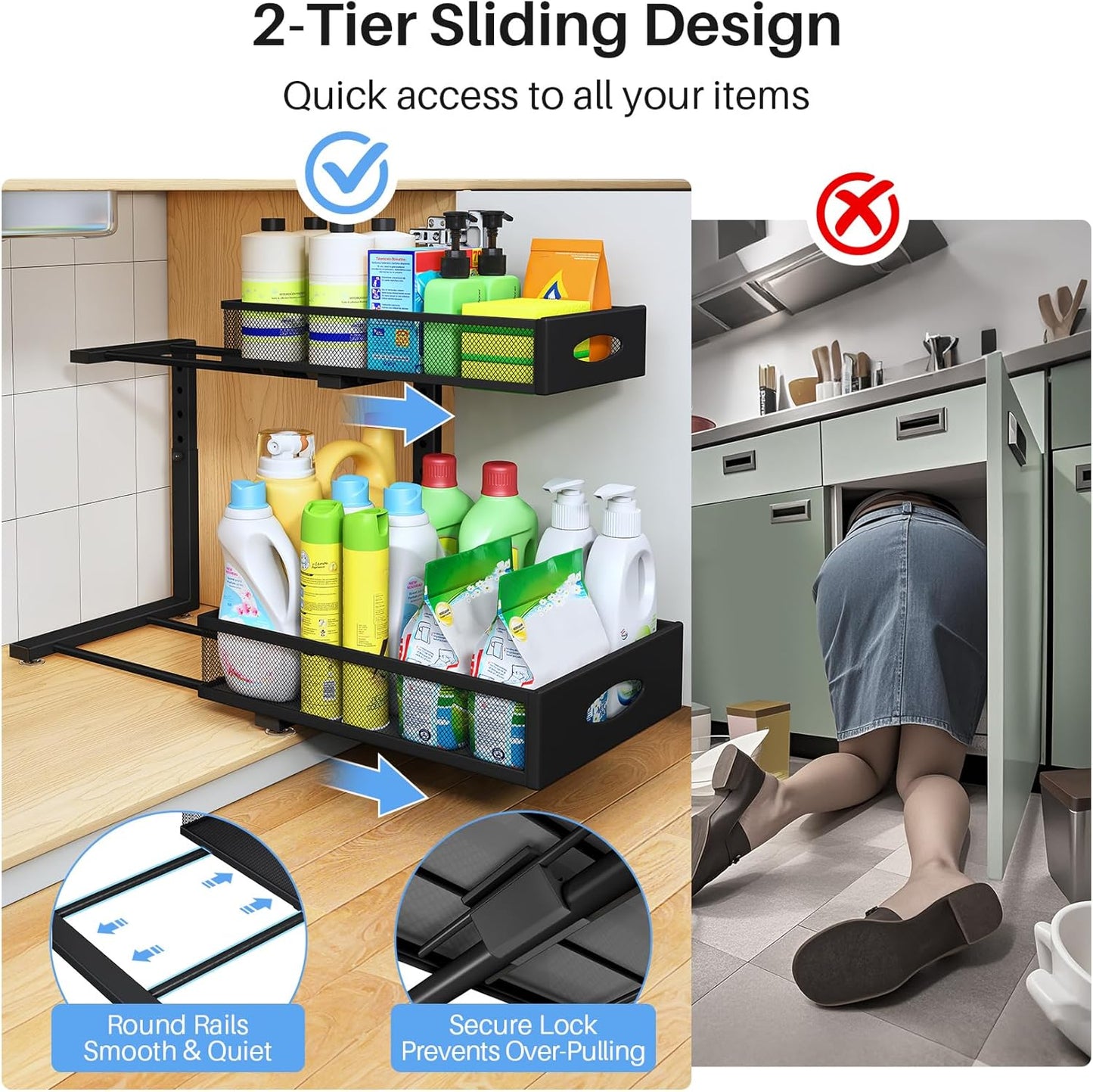 Under Sink Organizer - 2 Tier Pull Out Cabinet Shelf with Mesh Drawers | Black Storage Solution