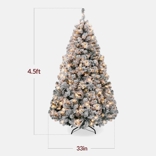 Best Choice Products Pre-Lit Artificial Christmas Tree - 4.5ft Snow Flocked Pine Design with Easy Assembly & Metal Stand
