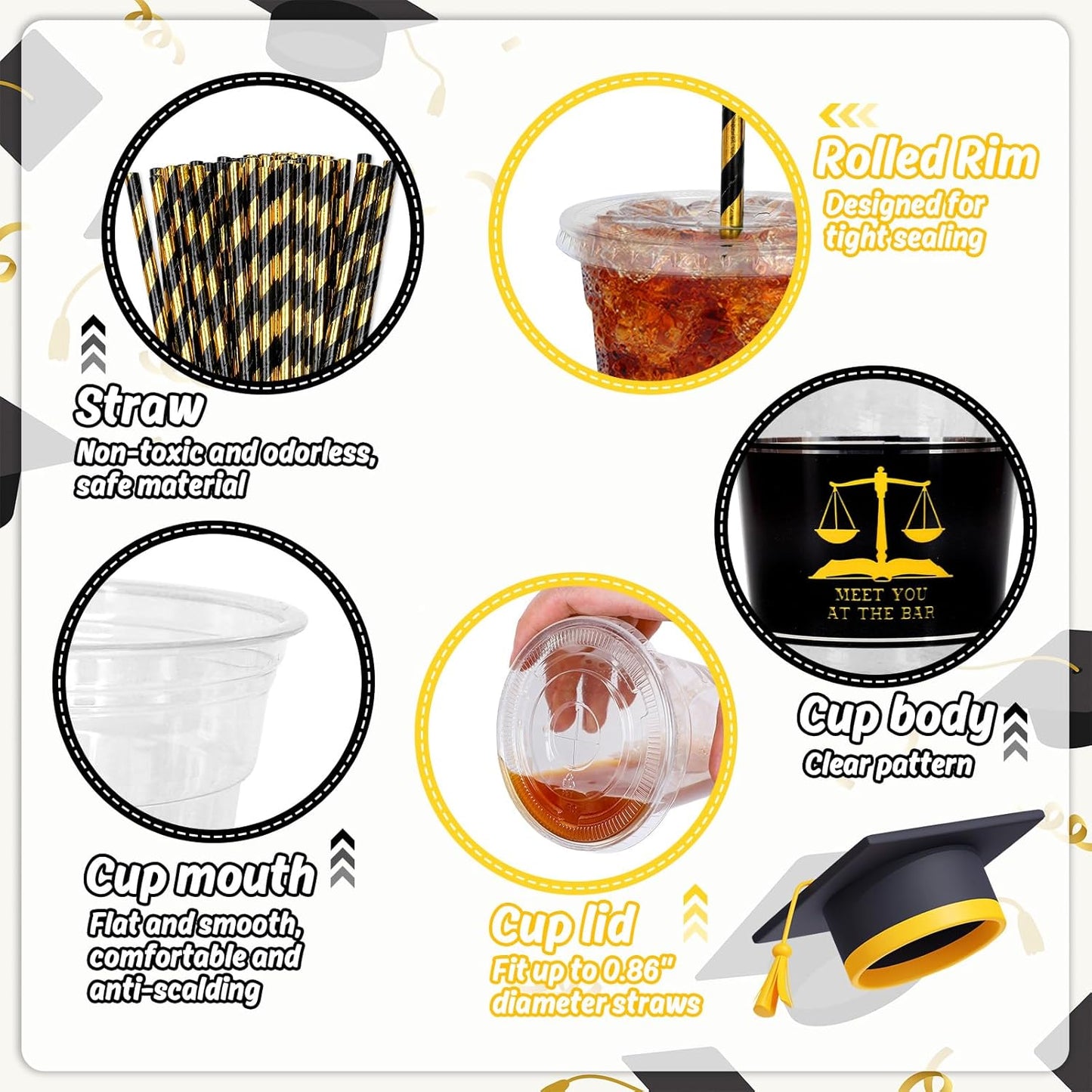 Whaline 50Pcs 12Oz Law School Graduation Cups - Disposable Plastic with Lids & Straws | Congrats Grad Party Supplies