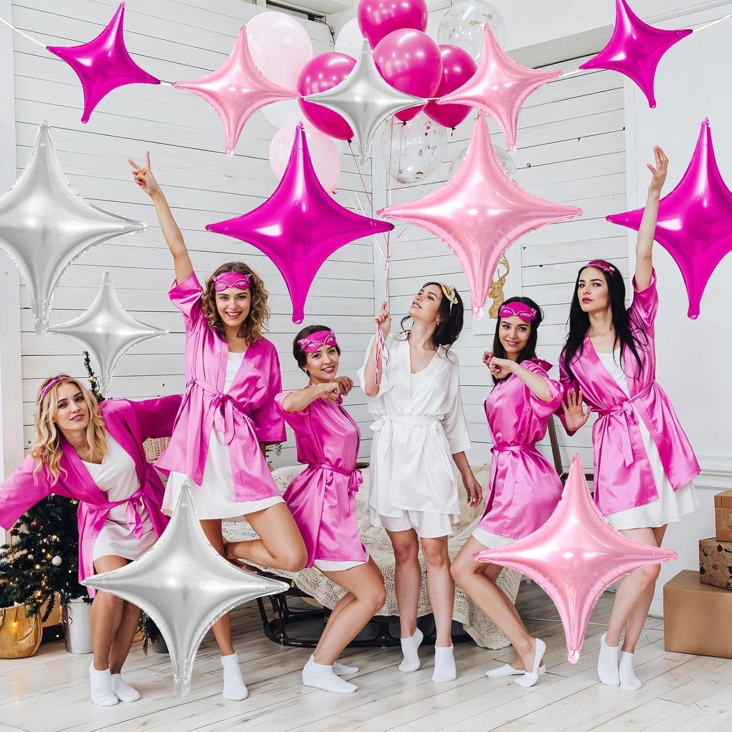 Skiennix Pink Silver Star Balloons - 12 Pcs Foil Balloons | 26-Inch & 10-Inch for Birthday & Anniversary Decor