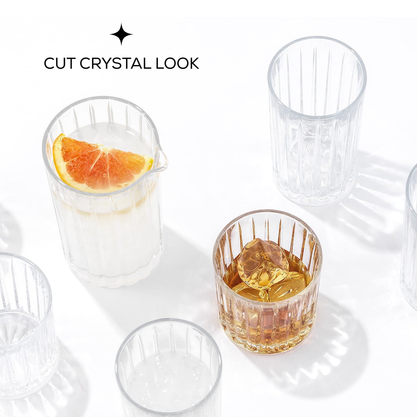 JoyJolt Drinking Glasses Set of 8, Alina Ribbed Glassware. 12oz Rocks Glass and 14oz Highball Glass set. Cocktail Glasses, Iced Coffee Cup or Water cups. Heavy Base Glassware Set