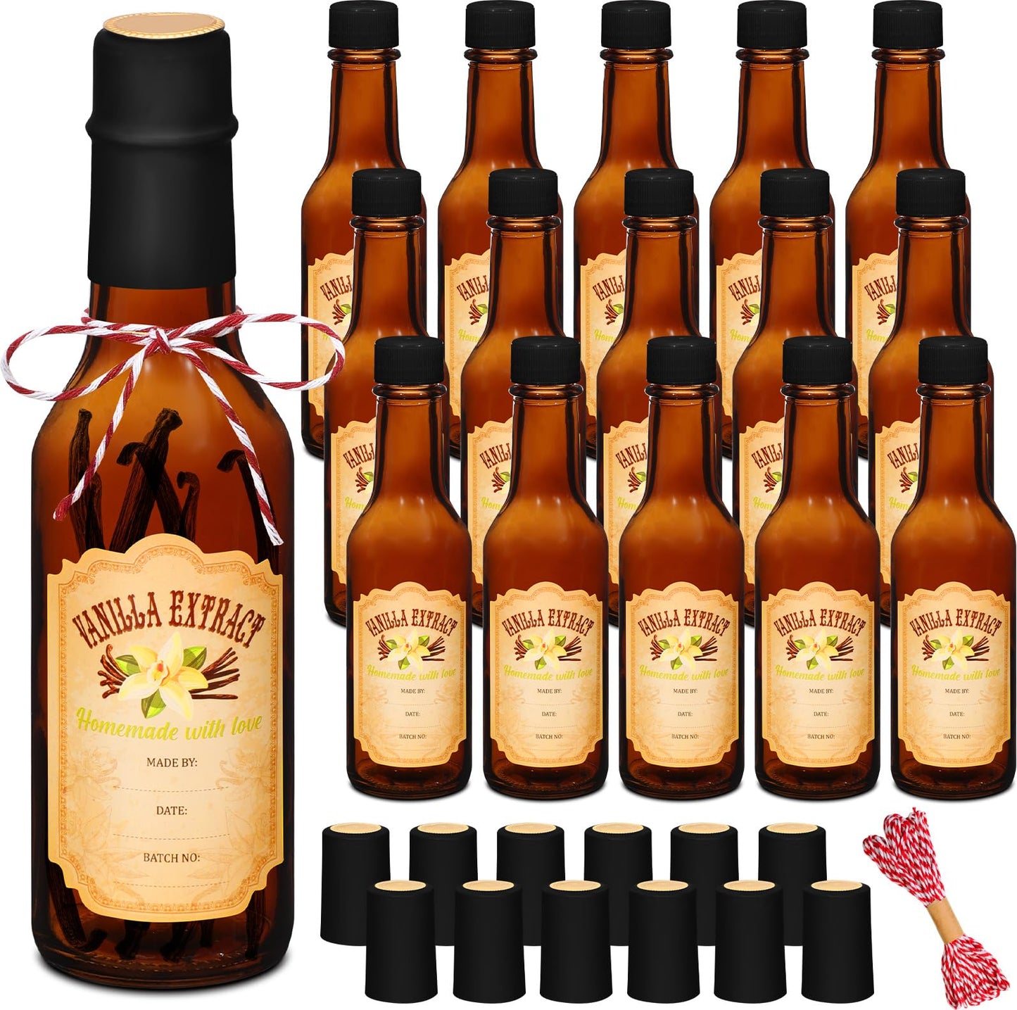 Tioncy 16 Pcs Vanilla Extract Bottles for Homemade Vanilla Jar Glass Bottle with Cap, Shrink Band, Sticker Syrup Gift Food Storage Canister for Bean Sauce Spice(Black, Brown,5 oz)