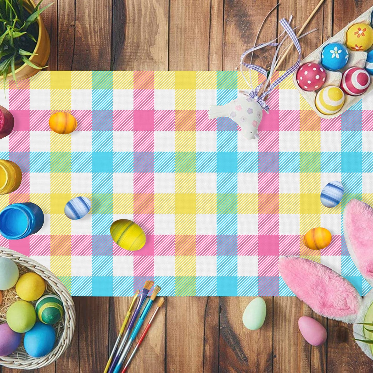 Linen Easter Blue Pink Yellow Buffalo Check Plaid Table Runner 72 Inches Long Spring Summer Holiday Farmhouse Table Decor for Dining Room Kitchen Home Party