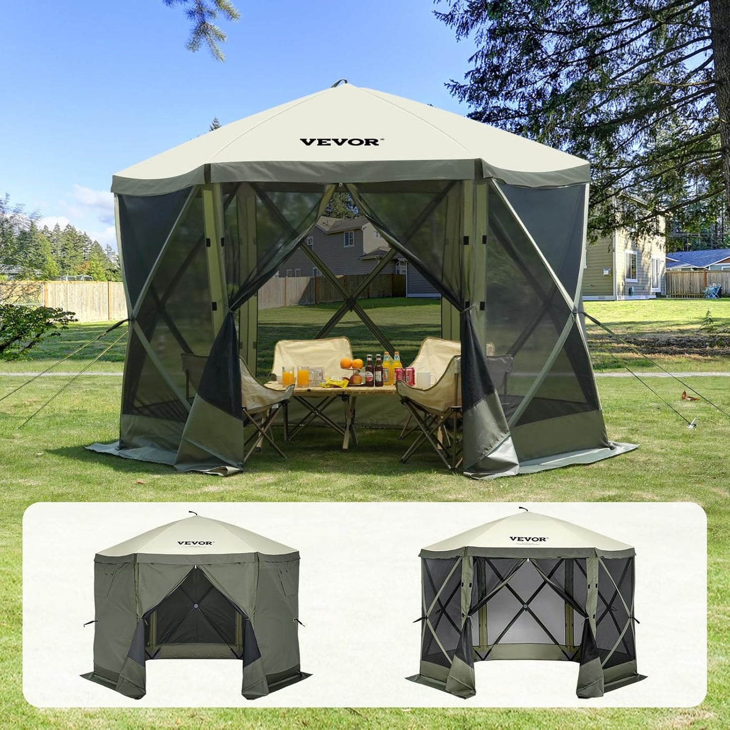 VEVOR Pop Up Gazebo | 6-Sided Canopy Sun Shelter with Removable Privacy Cloths | 10x10FT Army Green