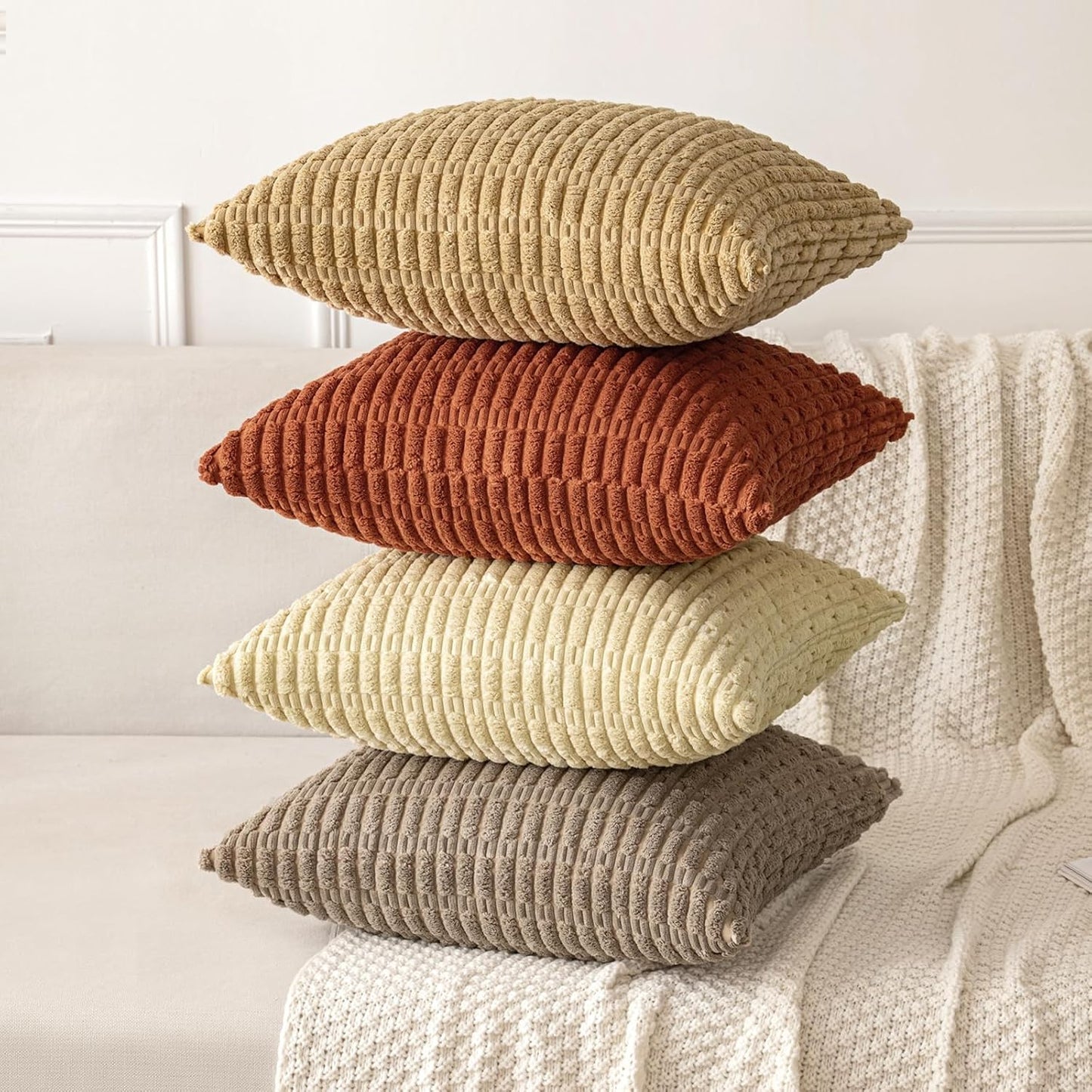 MIULEE Decorative Pillow Covers - Soft Dark Rust Corduroy | Set of 2, 16x16 Inch Boho Striped Design for Modern Farmhouse Decor
