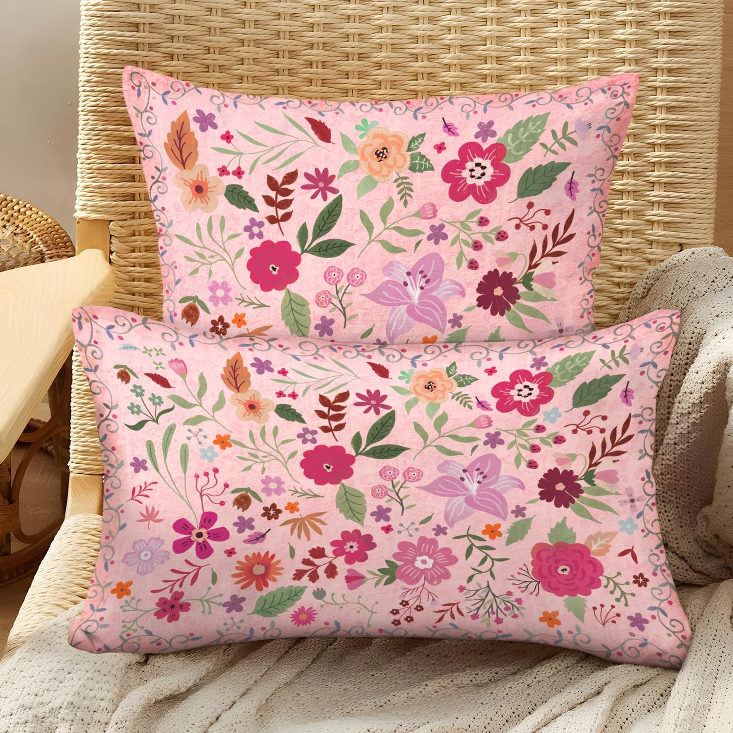 COARVXA Floral Pillow Covers 18x18 Set of 2,Pink Farmhouse Floral Pillow Covers Decor Double Sided Pattern Cushion Cover Soft Pillow Case for Living Sofa Room Bed Porch Patio Square Pillow Cover