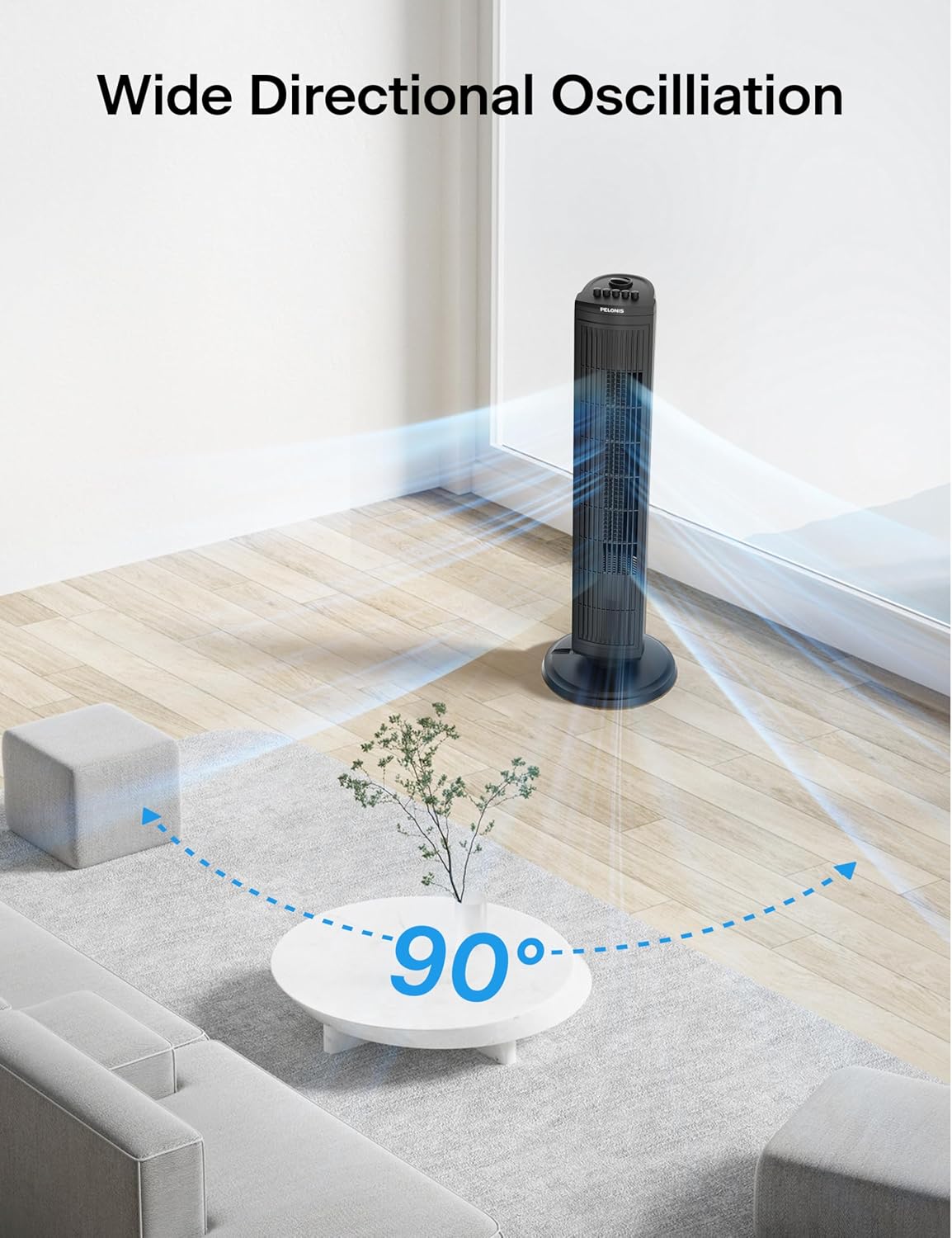 PELONIS 30-Inch Oscillating Tower Fan - 3 Speed Settings & Auto-Off Timer | Black, Medium Size
