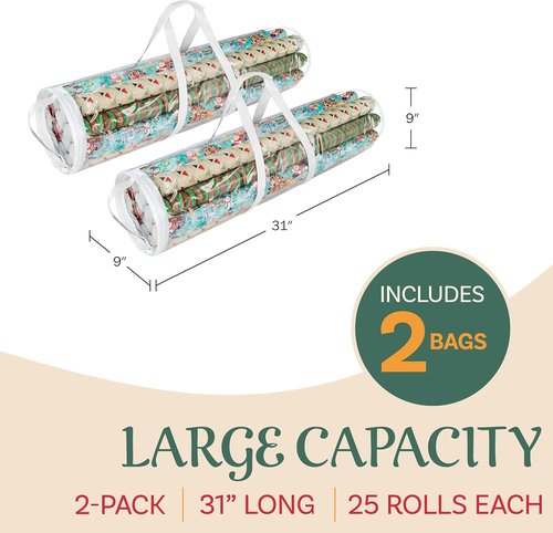 Elf Stor Wrapping Paper Storage Bags - Clear Totes with Handles for 30-Inch Rolls | Set of 2